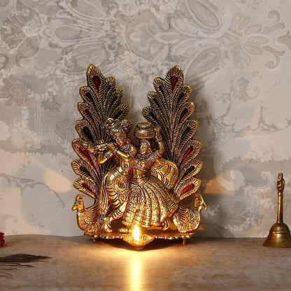 Decorative Golden Metal Radha Krishna Idol with Diya Decorative Showpiece for Home Decor Pooja Room Temple | Gift for Diwali Krishna Janmashtami Housewarming Wedding Birthday