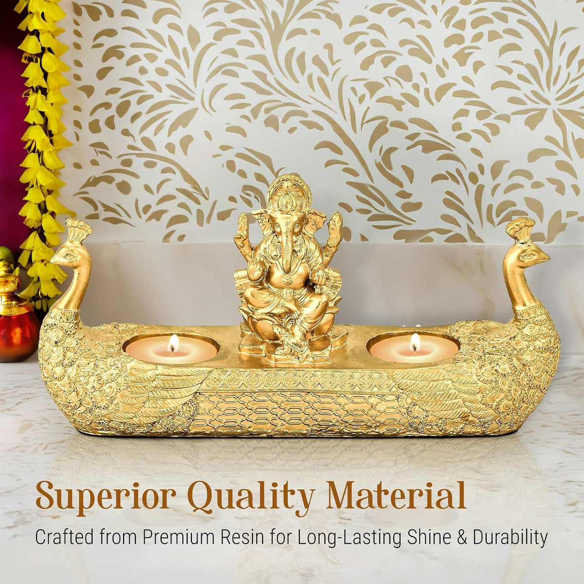 10x5 Inch Resin Lord Ganesha Idols with 2 Diya | Vinayagar Statue for Pooja Room | Ganpati Idol for Home and Office Decor | Golden