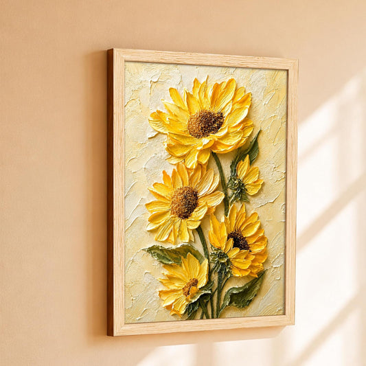 Yellow Sun Flower Wall Art Painting for wall decoration, Textured Floral Painting with frame for living room, bedroom, office and Home, 9x13 Inch