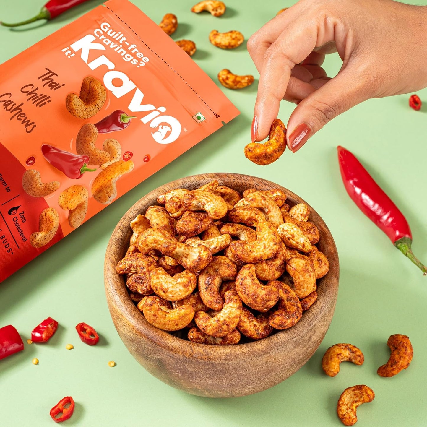 Kravio Premium Thai Chilli Roasted Cashew Nuts | Spicy Crunch - 200g