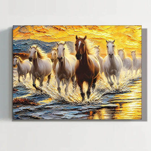 9 Running Horses Wall Art Painting For Living Room | Nine Horse Vastu Stretched Canvas Painting for Wall Decoration Items For Bedroom and Home, 16x22 Inch