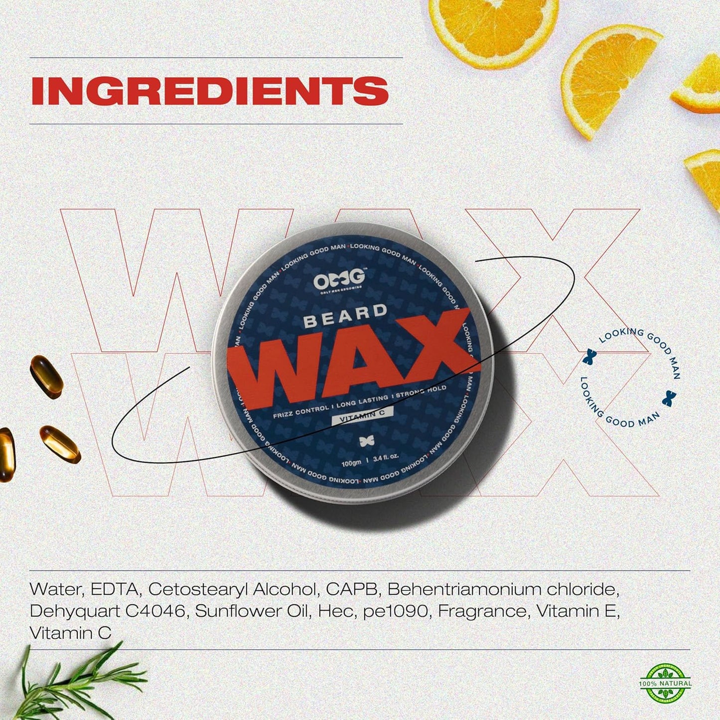 Otcg beard wax container with ingredients list on a light background