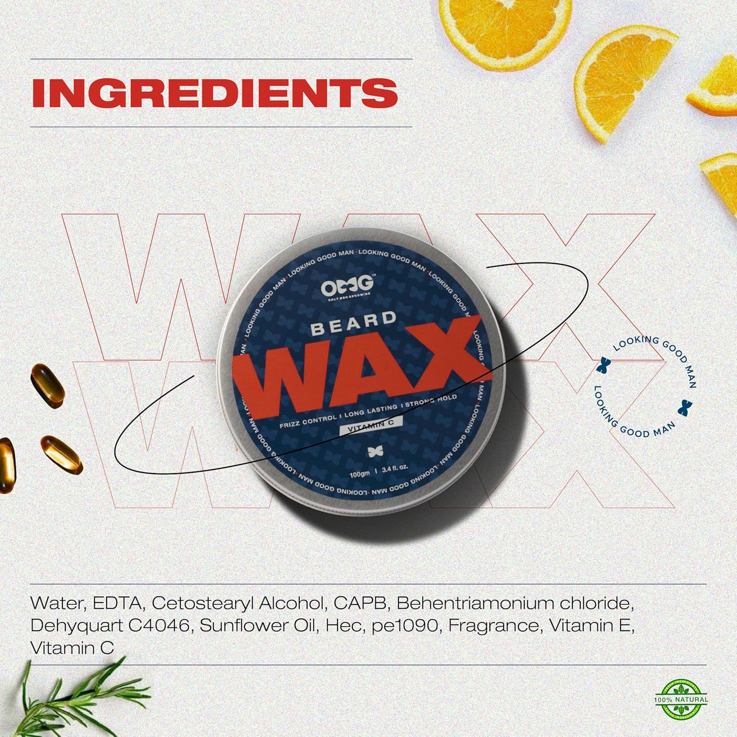 Otcg beard wax container with ingredients list on a light background