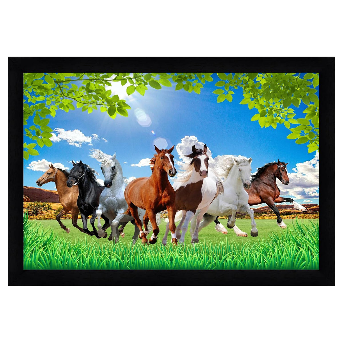 Runing Seven Horses Painting With Frame 13 Inches X 10 Inches (Style 9)