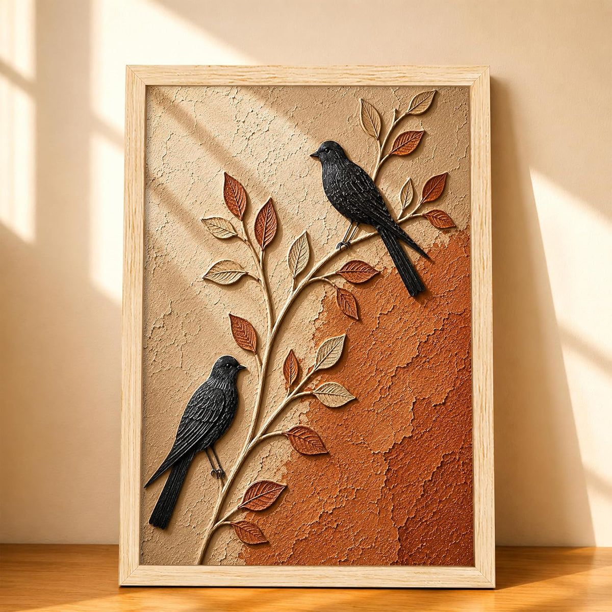 Modern Abstract 3D Textured Embossed Bird Painting for Living Room, Terracotta & Neutral Birds on Branch Motifs Rectangular Shape Framed Wall Painting for Home Decor (Size: 13x17 Inch)