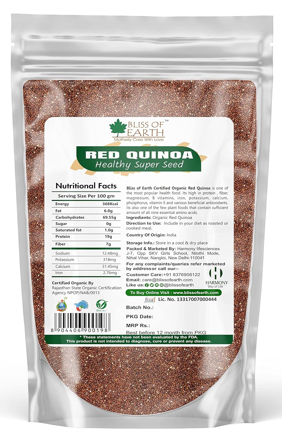 Bliss of Earth Red Quinoa 500gm Raw Super Food Great for Eating. Salad & Cooking