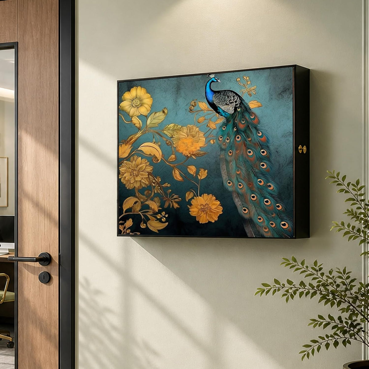 Electric MCB Box Cover Frame With Hydraulic Decorative Painting Peacock Painting Electrical Panel box Cover, Switch Box Frame Will Fit Max 10x14 inch Switch Board, Outer Size 13X17 Inch