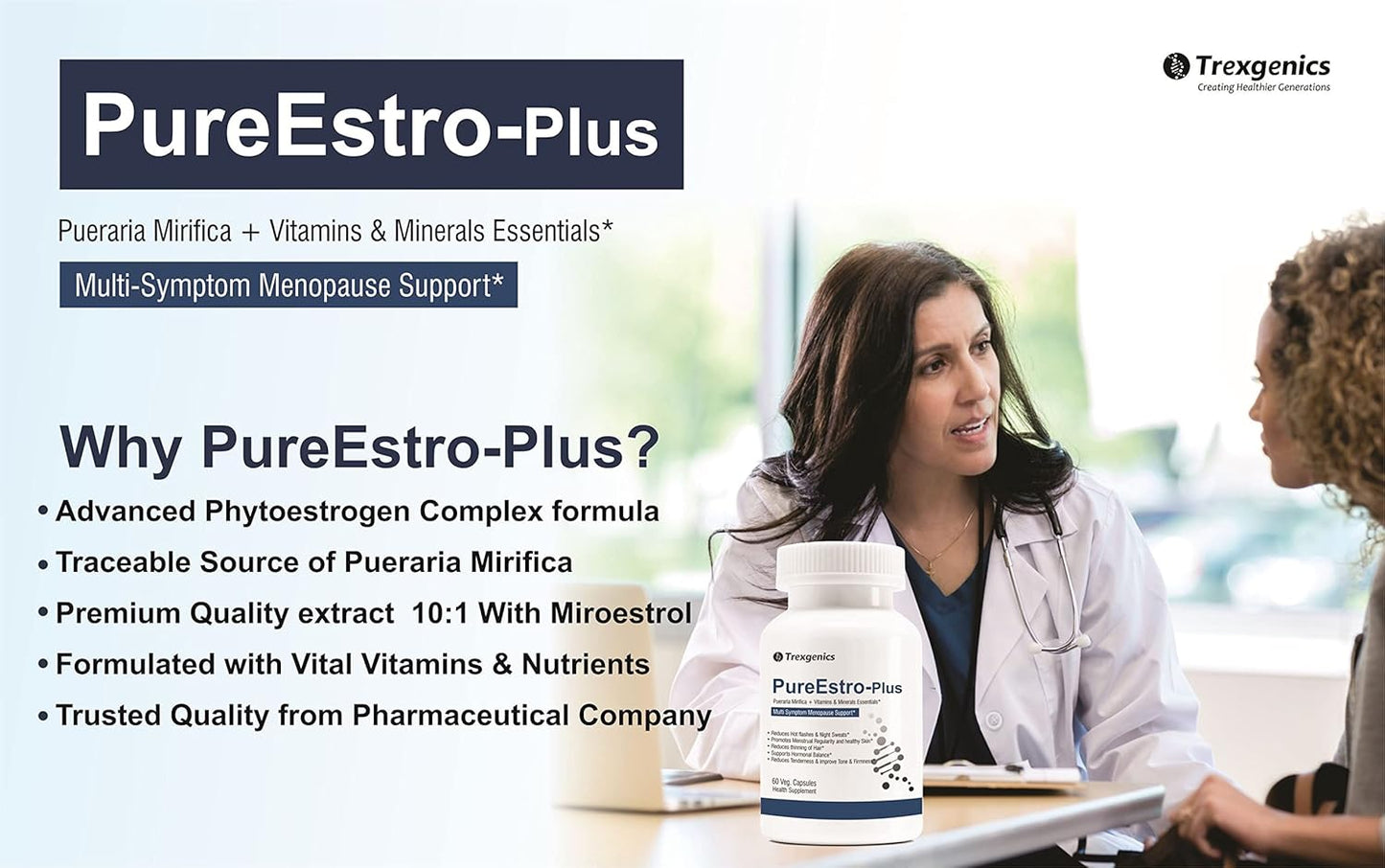 Advertisement for PureEstro-Plus with a healthcare professional and patient discussing the product.