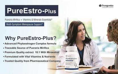 Advertisement for PureEstro-Plus with a healthcare professional and patient discussing the product.