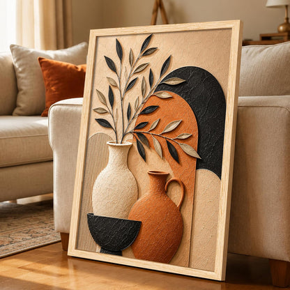 Boho Botanical 3D Textured Embossed Still Life Painting for Living Room, Terracotta & Neutral Ceramic Vases Motifs Rectangular Shape Framed Wall Painting for Home Decor (Size: 13x17 Inch)