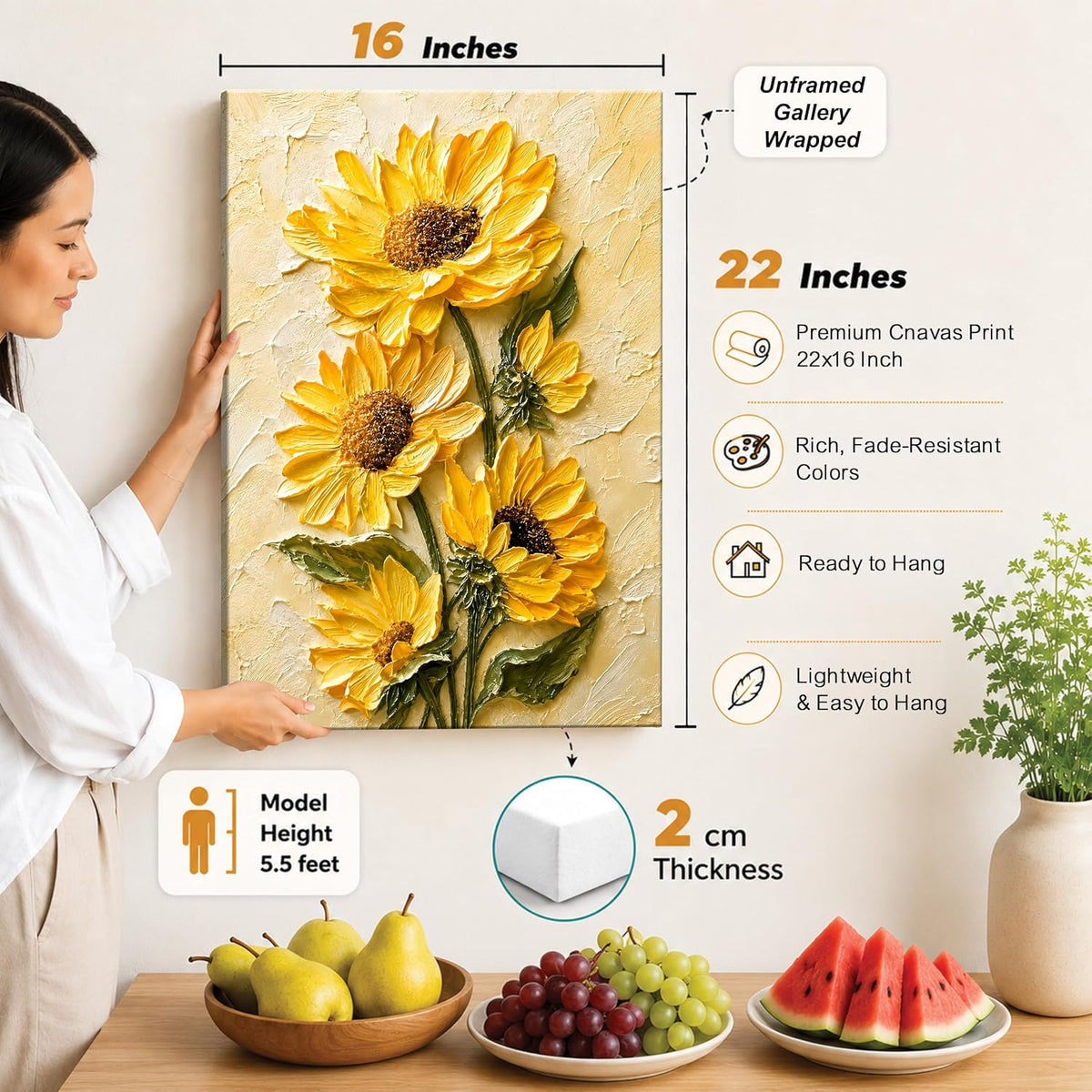 Textured Embossed Floral Canvas Wall Art Painting for wall decoration, Vibrant Yellow Sunflower Motifs Stretched Canvas Painting for living room, bedroom, office and Home, 16x22 Inch