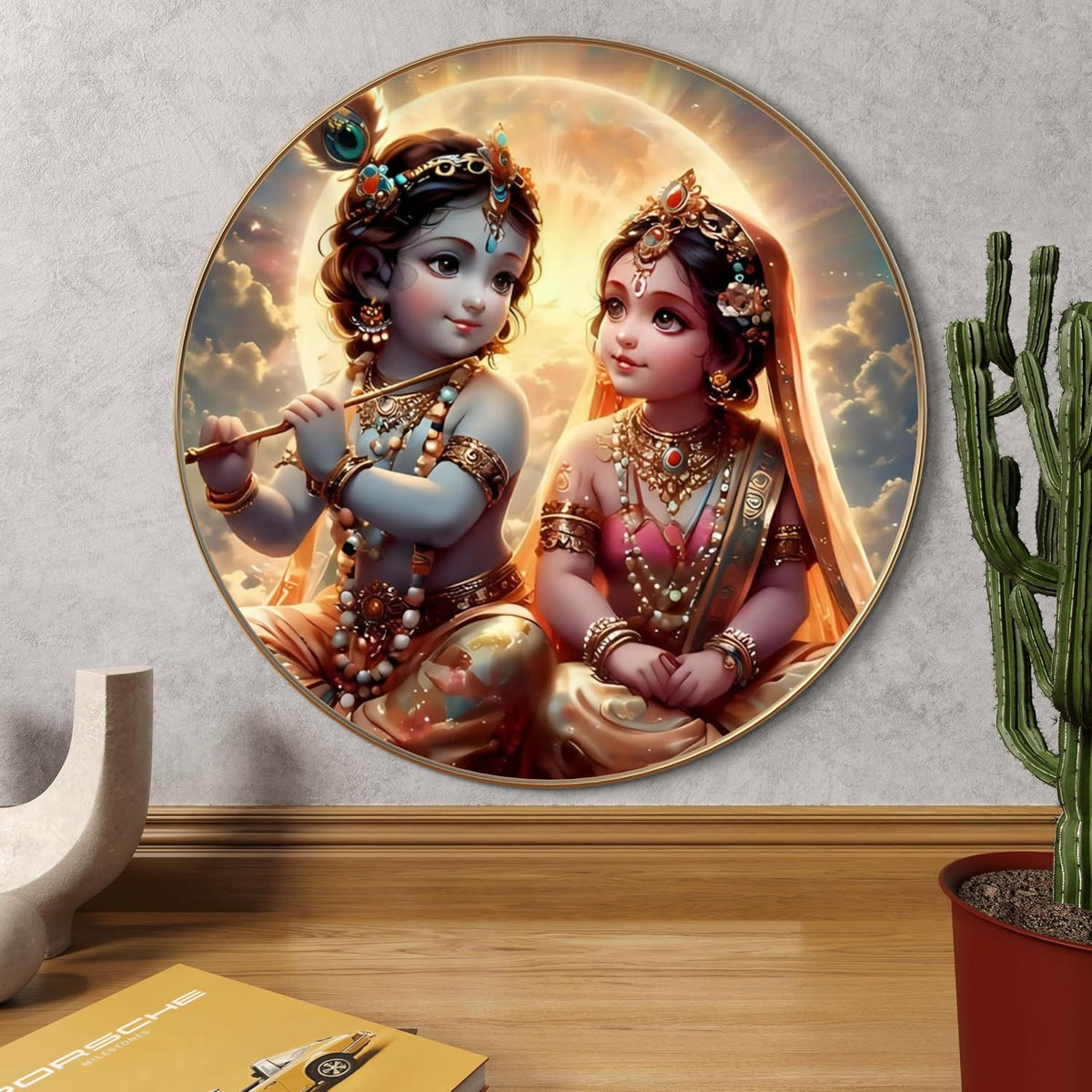 Baby Radha Krishna Round Art Print with Golden Frame | Cute Divine Flute HD Art Print for Pooja Room Kids Room Living Room 16 Inch x 16 Inch