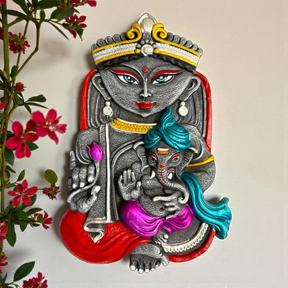 Maa Durga with Ganesh Terracotta Wall Hanging Idol Murti Decor | Devi MATA & Ganesha Janani Decor | Spiritual Art for Temple, Home & Office Decor | Spiritual Gift (29x19 CM)