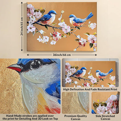 Stretched Canvas Glitter Gold Foil 3D Bird Wall Art with Cherry Blossom Flowers, Stretched Canvas Textured Floral Bird Painting Hand-Painted Blue Birds Sakura Branch Gold Art, 61x91 cm