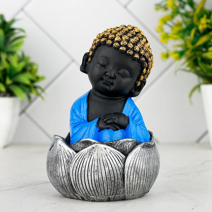Laughing Buddha Baby Monk Idol Statue Showpiece Home Decor Items for Living Room and Gifts (Blue Black)