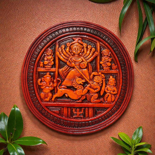 Maa Durga Wall Hanging Terracotta Idol Murti | Sherawali Devi MATA Hand-Painted Spiritual Wall Hanging Art Decor for Home Temple, Mandir, Living & Office Decor | Spiritual Gifts (17x17 CM)