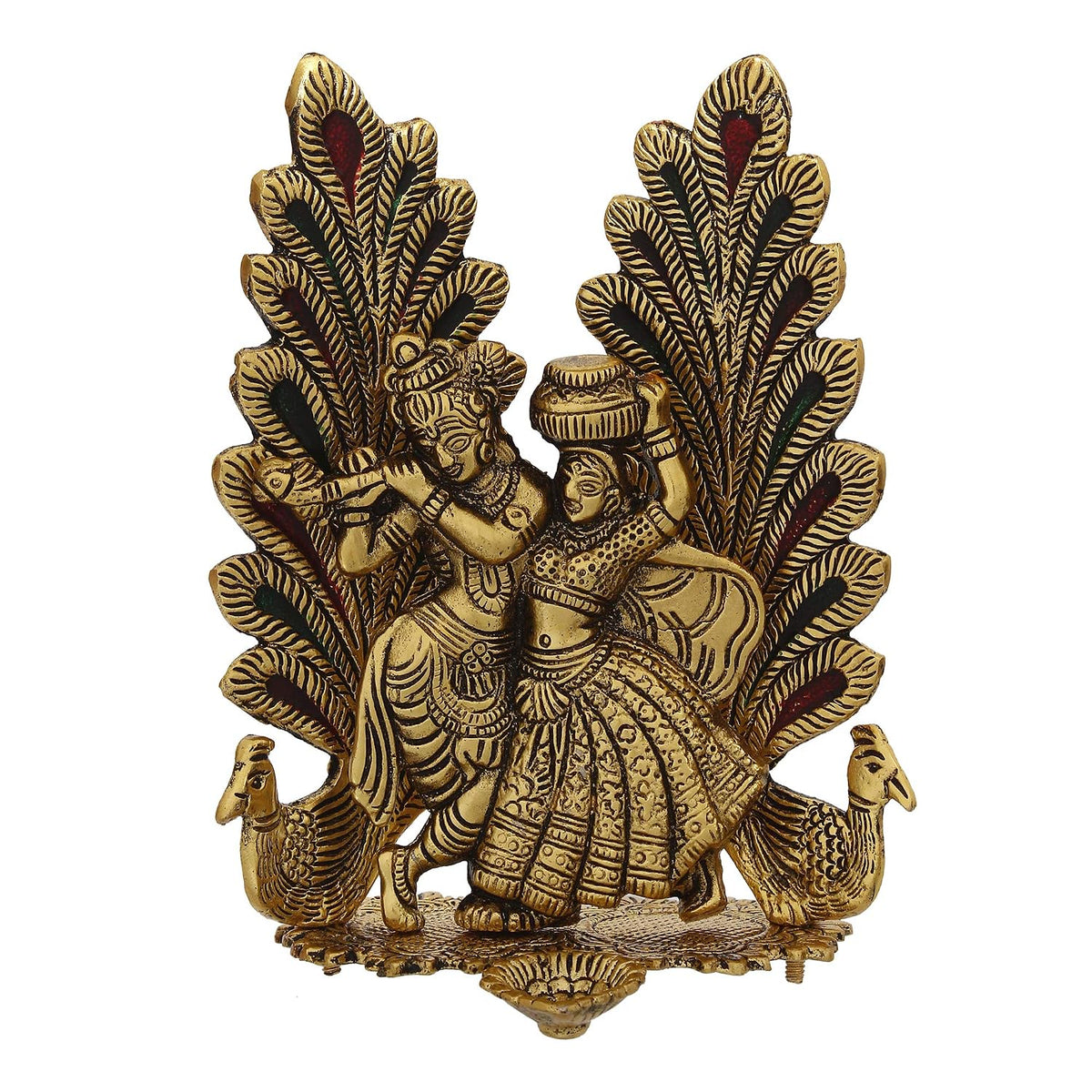 Decorative Golden Metal Radha Krishna Idol with Diya Decorative Showpiece for Home Decor Pooja Room Temple | Gift for Diwali Krishna Janmashtami Housewarming Wedding Birthday