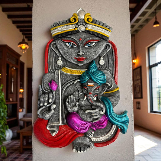 Maa Durga with Ganesh Terracotta Wall Hanging Idol Murti Decor | Devi MATA & Ganesha Janani Decor | Spiritual Art for Temple, Home & Office Decor | Spiritual Gift (29x19 CM)