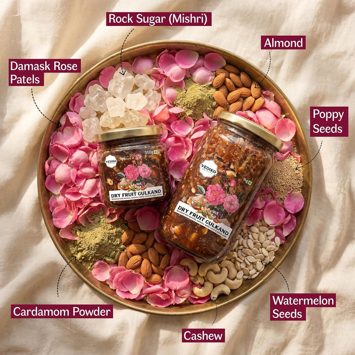 Vediko Origins Dry Fruit Gulkand | 100% Sun-Cooked Pure Rose Petal Jam With No Artificial Flavors For Gut Health | Sweetened With Raw Sugar (Mishri) | Improves Digestion | Natural Coolant