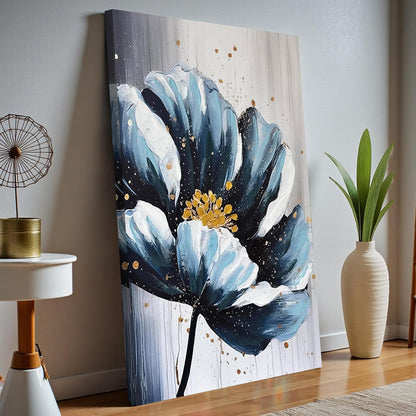 Wall Art Abstract Flower Stretched Canvas Painting Blue and Gold Floral Painting Abstract Paintings for Bedroom Office Wall Décor Hand Painted Canvas Art 3D Textured Floral 61x91 cm