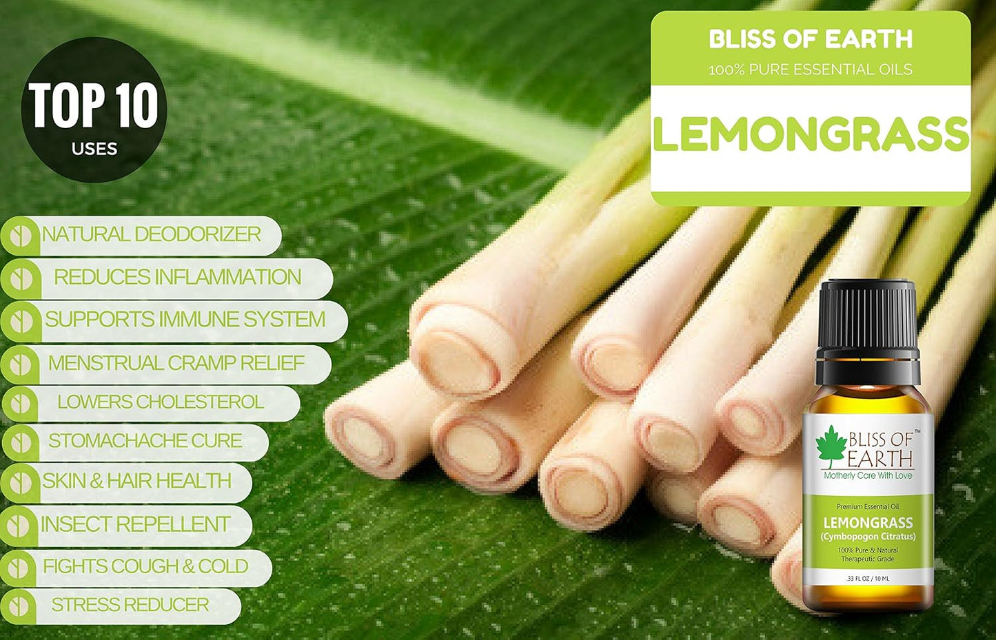 Bliss of earth Lemongrass Essential Oil,100% Pure Steam Distilled 10 ml
