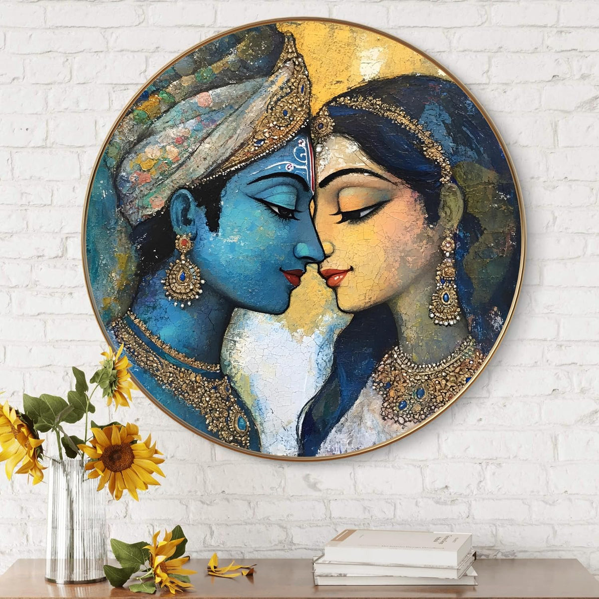 Radha Krishna Round Art Print with Golden Frame | Abstract Artistic Divine HD Art Print for Living Room Pooja Room Home Décor 16 Inch x 16 Inch
