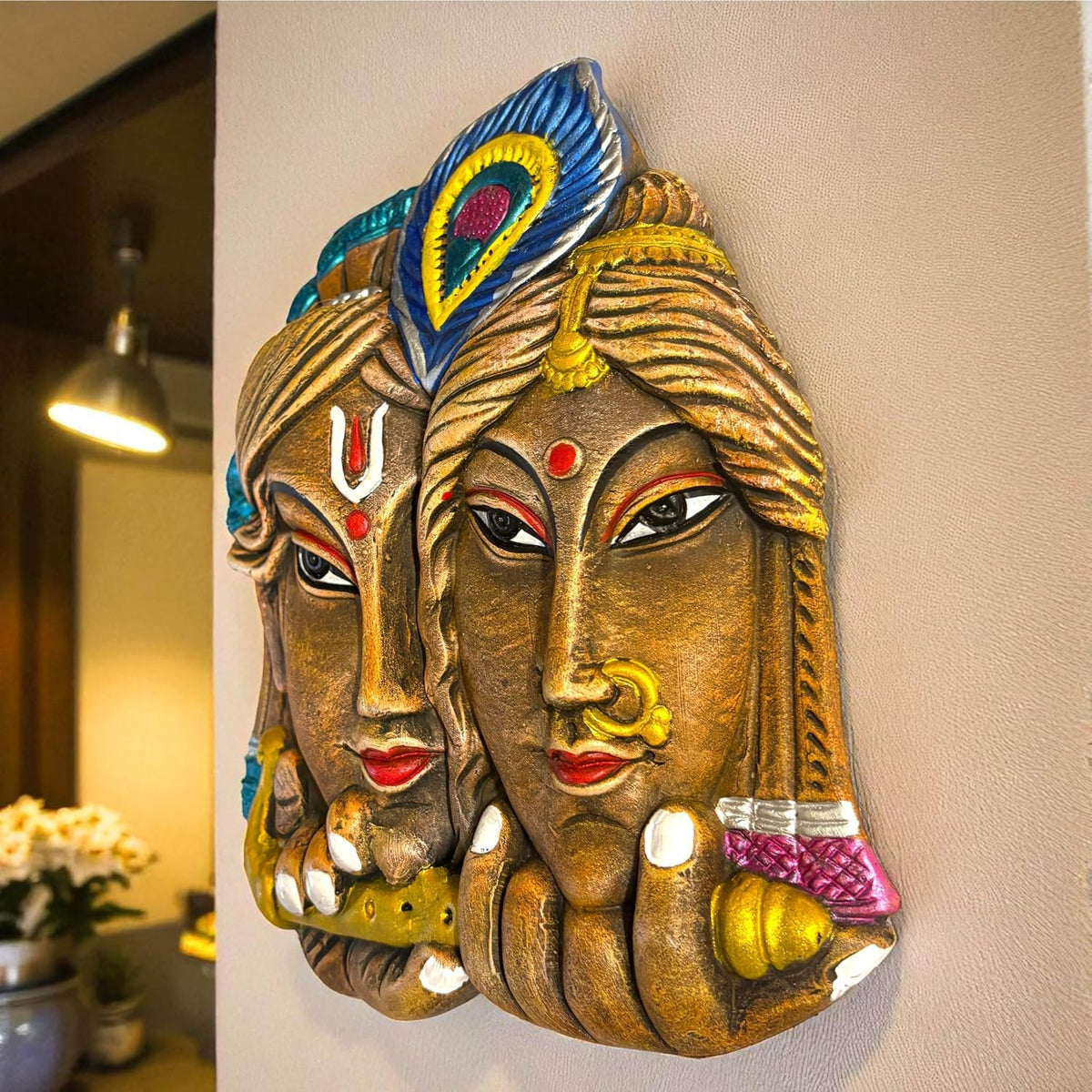 Radha Krishna Face Terracotta Wall Decor Hanging | Wall Hanging Decor | Spiritual Wall Art for Home, Temple, Mandir, Living, Office & Vastu Decor | Spiritual Gift (25x20 CM)