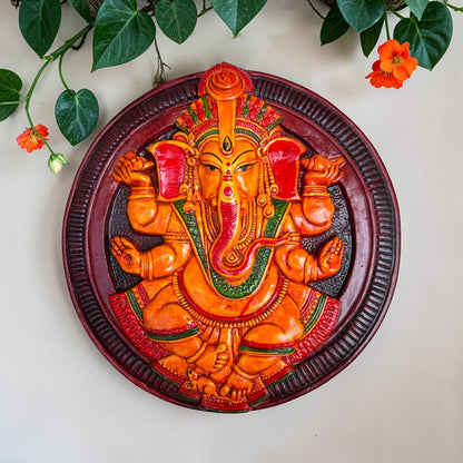 Ganesh Ji Wall Hanging Terracotta Murti Idol | Ganpati Bappa Ganesha Hand-Painted Spiritual Wall Hanging for Door Entrance, Temple, Mandir, Home & Office Decor | Spiritual Gift (19x19 CM)