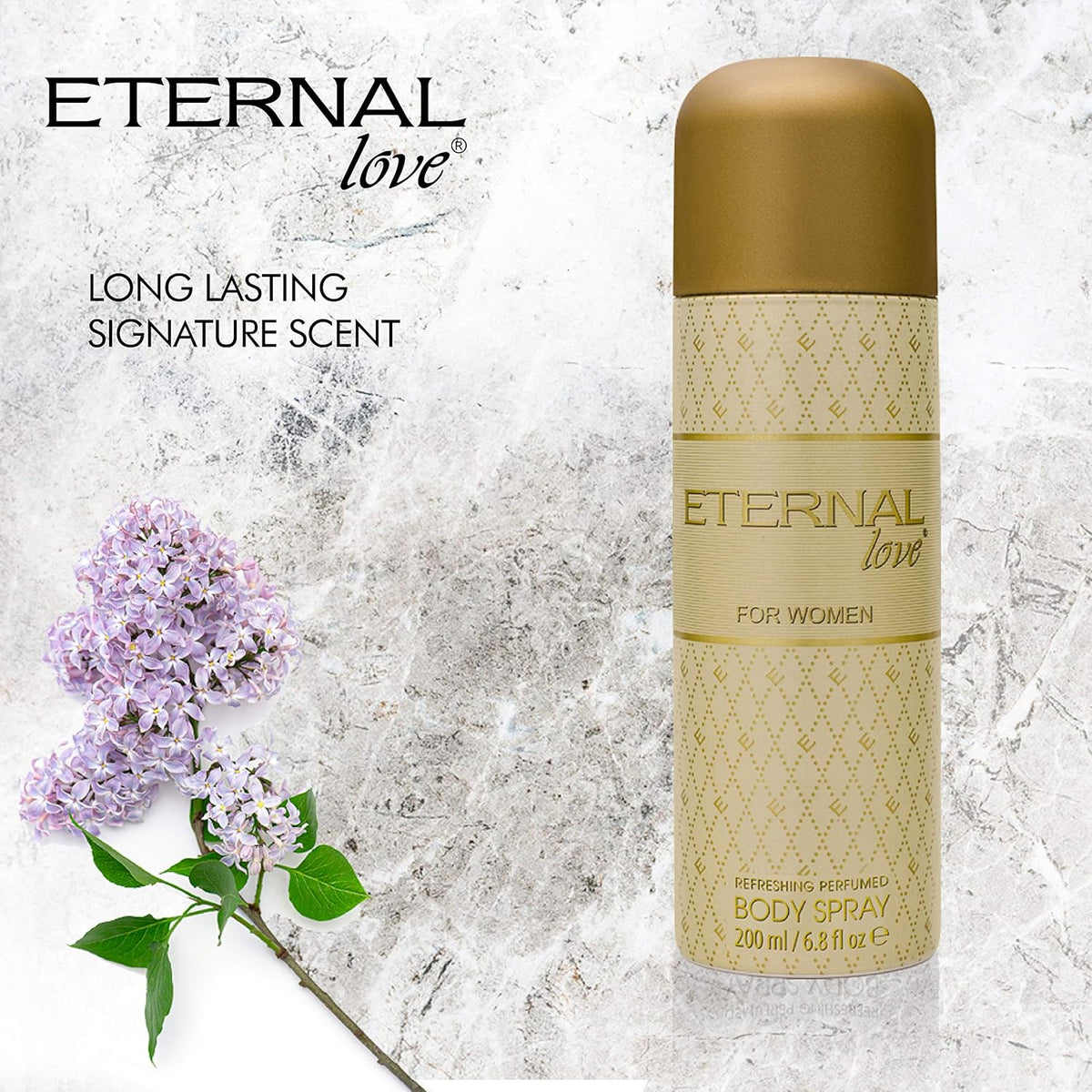 Body spray bottle labeled 'Eternal Love' with a floral arrangement on a textured background
