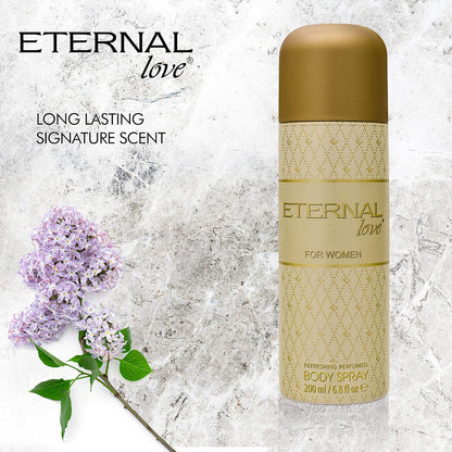 Body spray bottle labeled 'Eternal Love' with a floral arrangement on a textured background