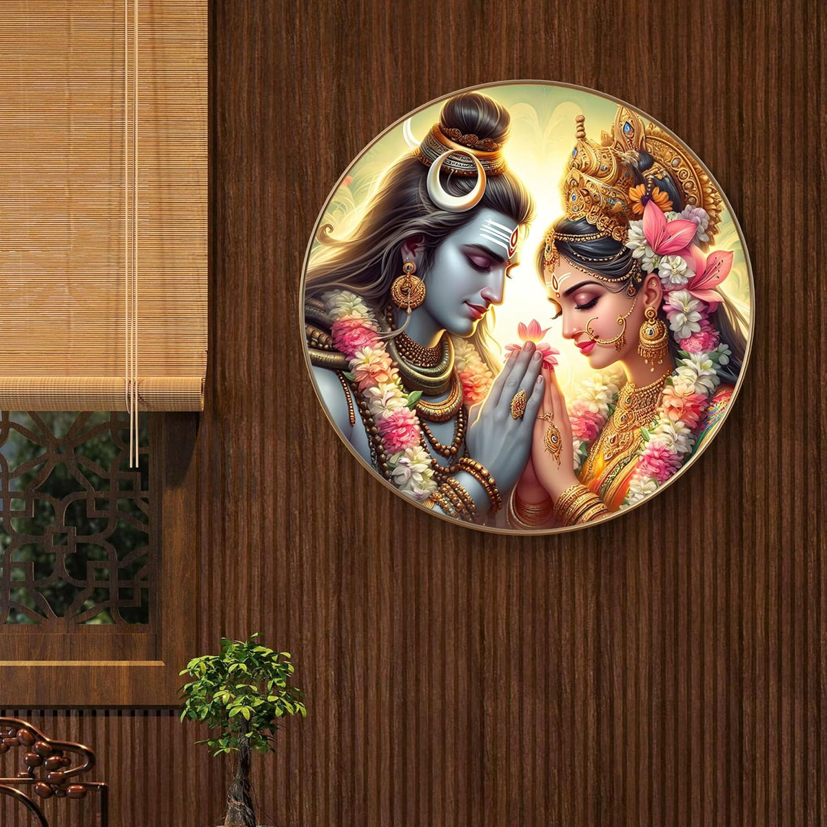 Radha Krishna Round Art Print with Golden Frame | HD Divine Floral Art Print for Pooja Room, Living Room & Temple Décor 16 Inch x 16 Inch