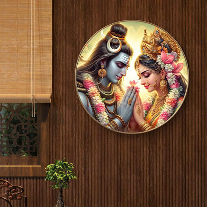 Radha Krishna Round Art Print with Golden Frame | HD Divine Floral Art Print for Pooja Room, Living Room & Temple Décor 16 Inch x 16 Inch