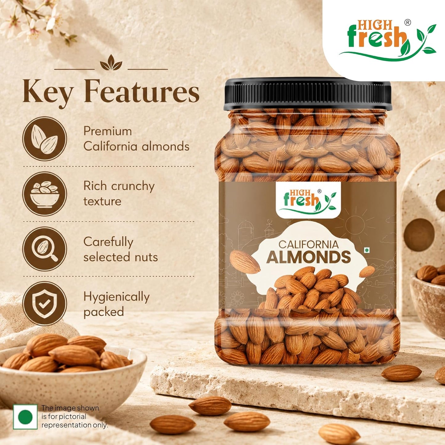 HighFresh California Jumbo Almonds |Natural Badam Giri | Rich In Protein & Dietary Fiber | Crunchy Texture & Delicious Nutty Flavour | No Added Preservatives Or Artificial Flavors
