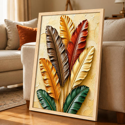 Modern Abstract 3D Textured Embossed Leaf Painting for Living Room, Warm Earth Tone Feather & Leaf Motifs Rectangular Shape Framed Wall Painting for Home Decor (Size: 13x17 Inch)