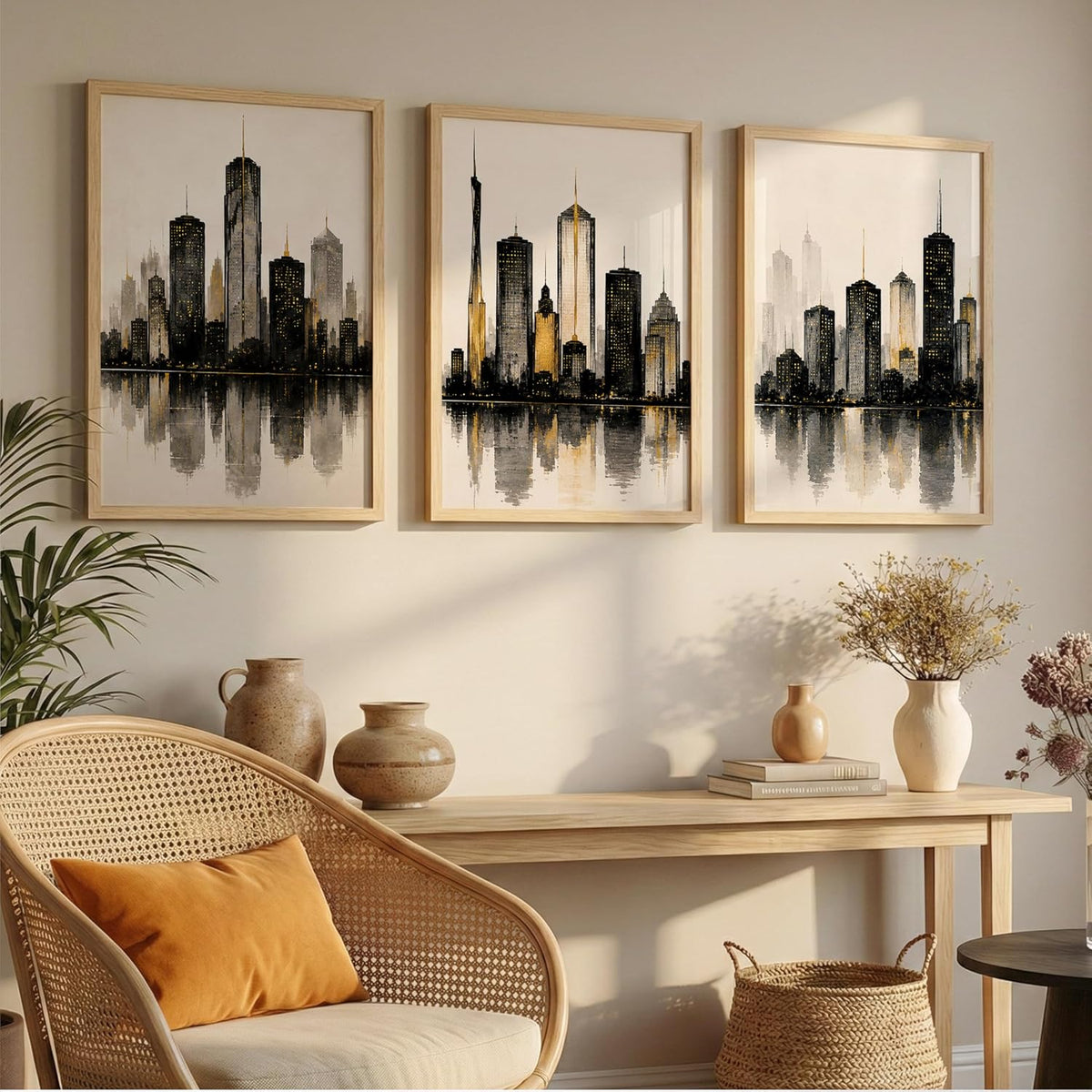Set of 3 Modern City Skyline Wall Art Paintings for Living Room | Luxury Urban Cityscape Wall Decor | Framed Wall Paintings for Bedroom, Office, Hall & Home Decoration (13x19 Inches)