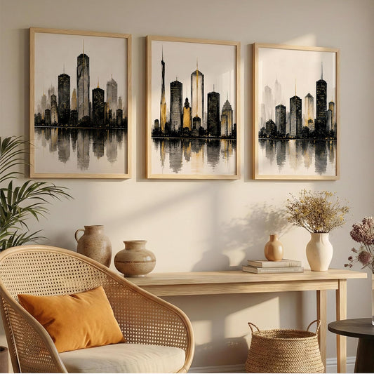 Set of 3 Modern City Skyline Wall Art Paintings for Living Room | Luxury Urban Cityscape Wall Decor | Framed Wall Paintings for Bedroom, Office, Hall & Home Decoration (13x19 Inches)