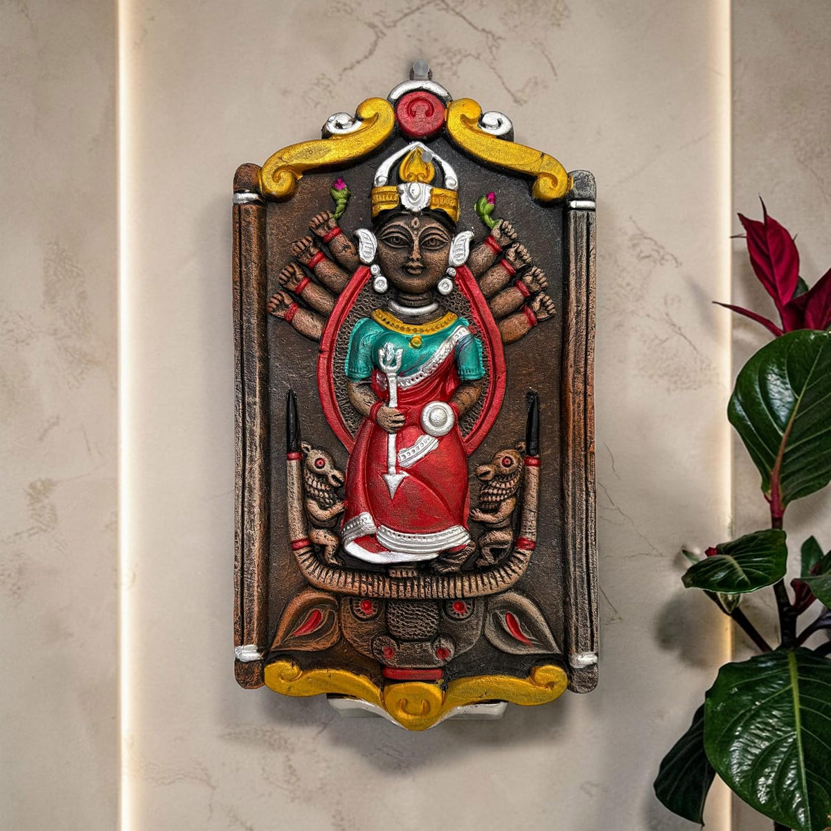 Maa Durga Murti Mahisasur Mardini Terracotta Wall Hanging Idol | Sherawali Devi MATA Wall Art Decor for Home Temple, Mandir, Living & Office Decor | Spiritual Gifting (24x13 CM)