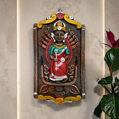 Maa Durga Murti Mahisasur Mardini Terracotta Wall Hanging Idol | Sherawali Devi MATA Wall Art Decor for Home Temple, Mandir, Living & Office Decor | Spiritual Gifting (24x13 CM)