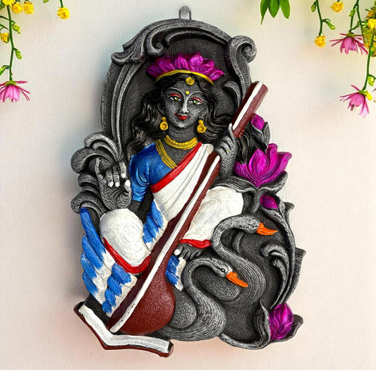 Saraswati Maa Wall Hanging Idol Murti | Terracotta Wall Decor | Saraswati MATA Wall Art for Mandir, Home, Office & Study Table Decor | Goddess of Knowledge Spiritual Gift (28x19 CM)