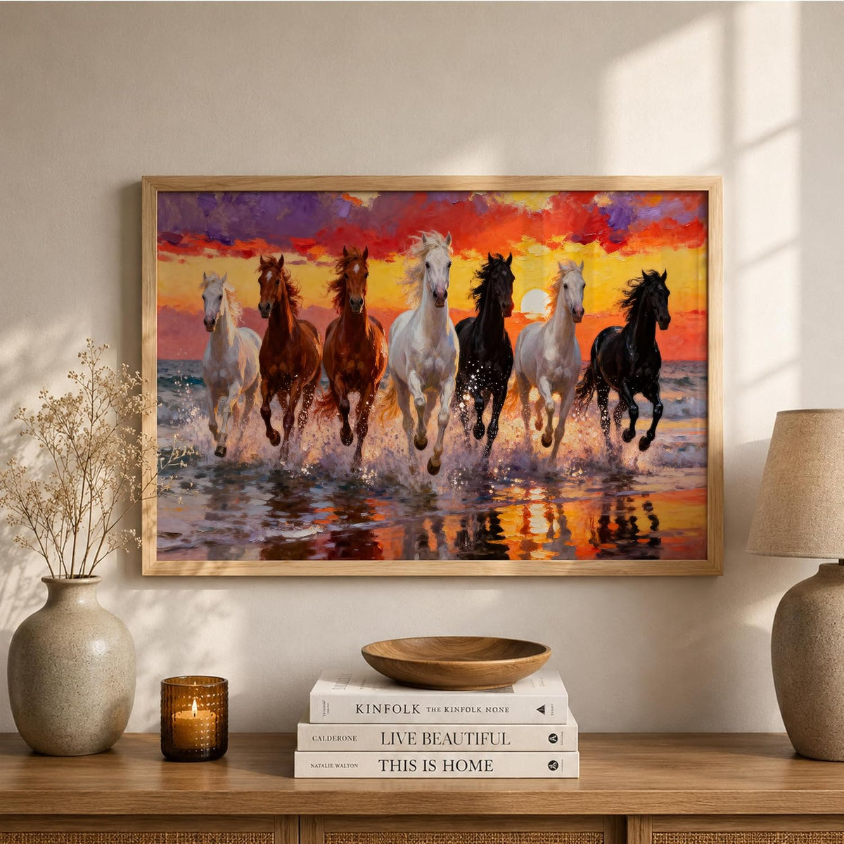 7 Horse Vastu Wall Painting for Living Room – Running Seven Horses Landscape Framed Wall Art | Premium Wooden Frame Home & Office Decor (Natural, Design 01, 13x19 Inch)