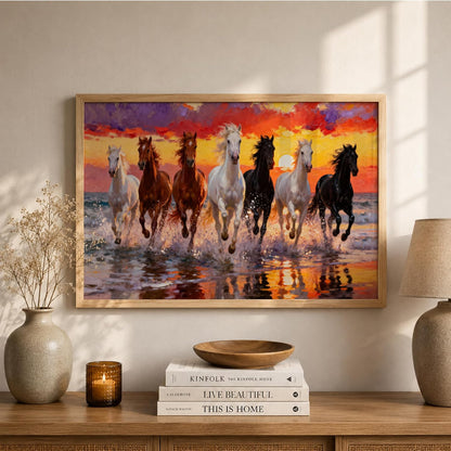 7 Horse Vastu Wall Painting for Living Room – Running Seven Horses Landscape Framed Wall Art | Premium Wooden Frame Home & Office Decor (Natural, Design 01, 13x19 Inch)