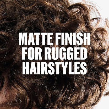 Text 'MATTE FINISH FOR RUGGED HAIRSTYLES' over a background of wavy hair.