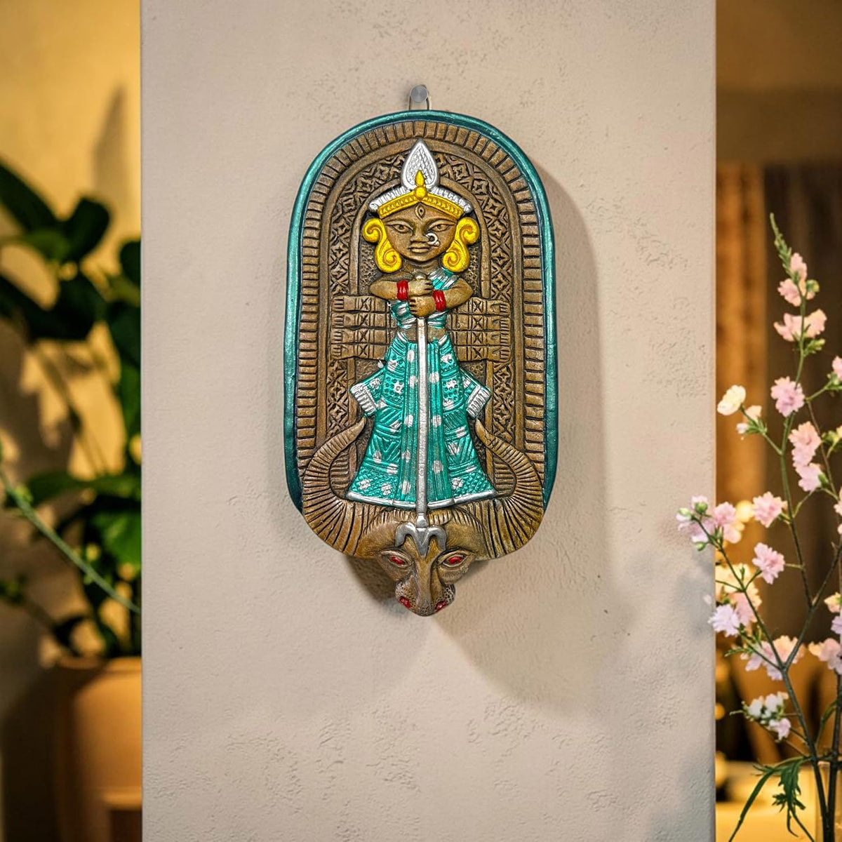 Maa Durga Terracotta Wall Hanging Idol Murti | Mahisasur Mardini Sherawali Devi MATA Wall Art Decor for Home, Temple, Mandir & Office Decor | Spiritual Gifting (23x12 CM)