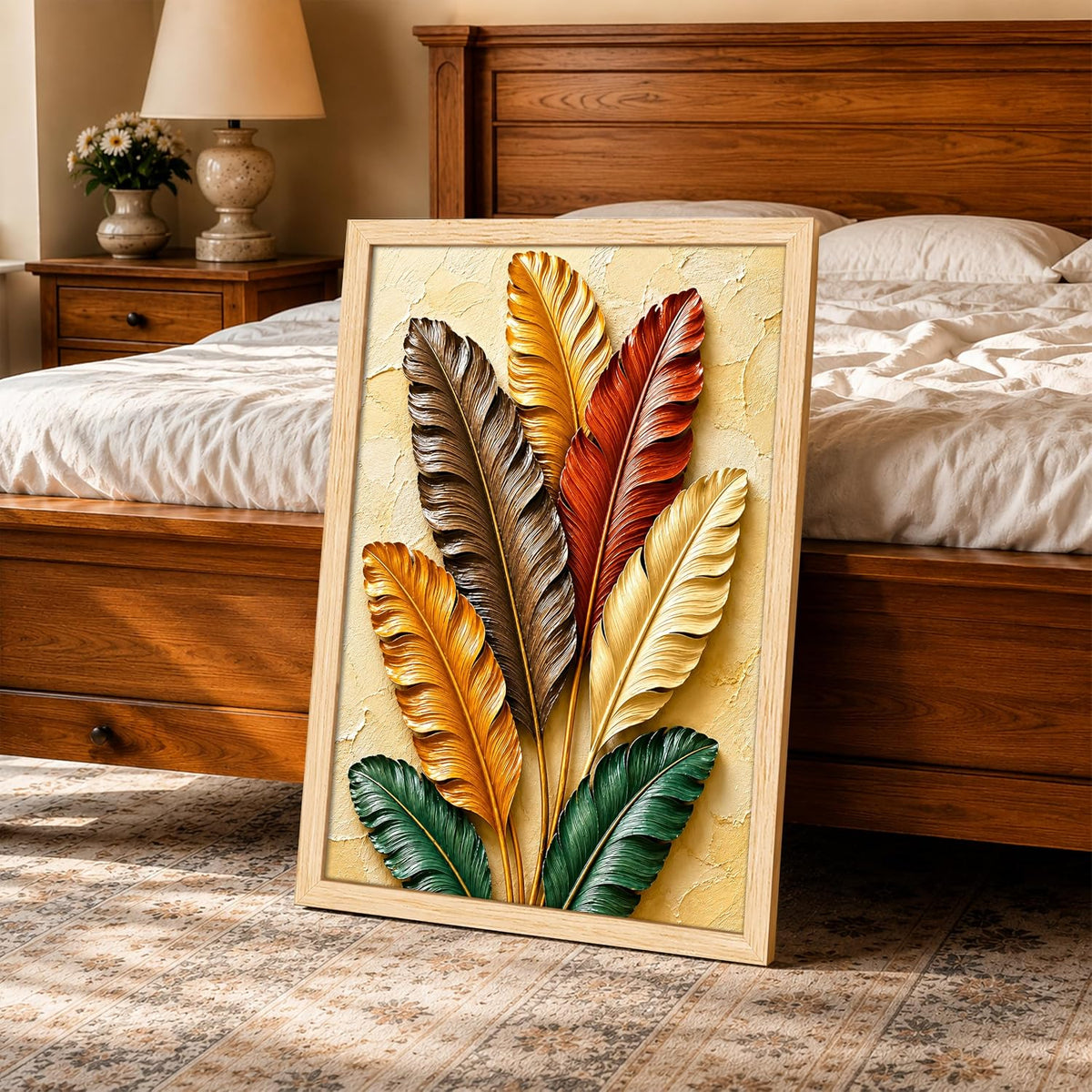 Modern Abstract 3D Textured Embossed Leaf Painting for Living Room, Warm Earth Tone Feather & Leaf Motifs Rectangular Shape Framed Wall Painting for Home Decor (Size: 13x17 Inch)