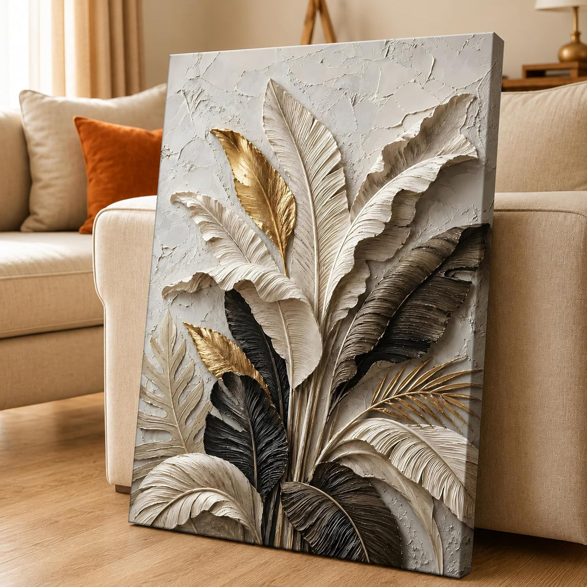 Textured Embossed Leaf Floral Canvas Wall Art Painting for wall decoration, Neutral & Gold Tropical Leaf Motifs Flower Stretched Canvas Painting for living room, bedroom, Office, 16x22 Inch