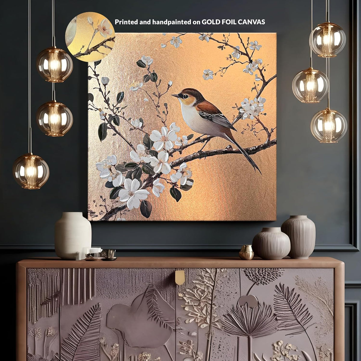 Stretched Canvas Glitter Gold Foil 3D Sparrow Birds of Cherry Blossom Flower Wall Art Bird Print with Hand-Painted Strokes Painting T1exture 3D Stretched Canvas Giclée Print, 61x61 cm