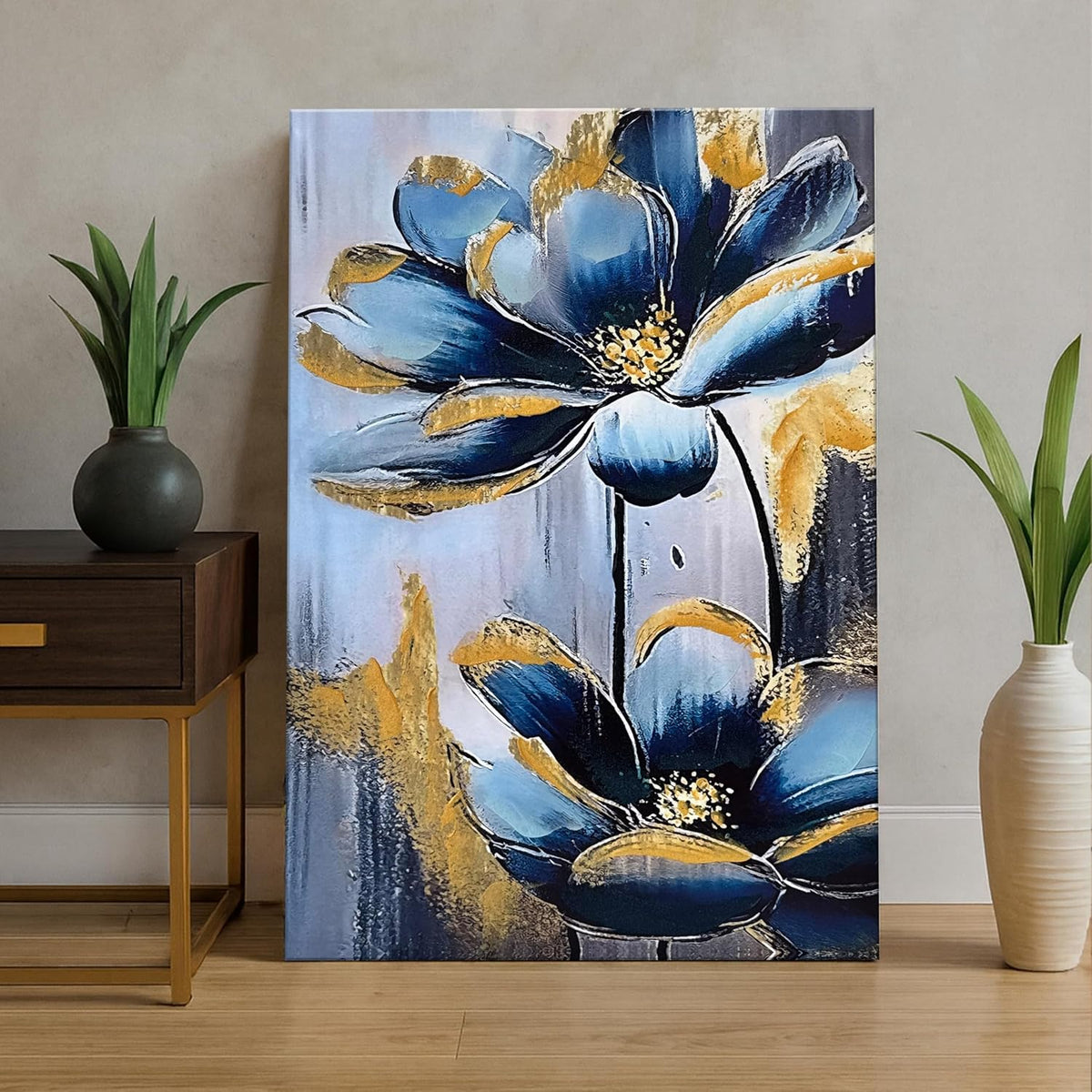 Stretched Canvas Abstract Blue and Gold Flower Paintings Abstract 3d Paintings for Office Hand Painted Canvas Art 3D Textured Floral Wall Painting Modern Aesthetic Home Decor 61x91 cm