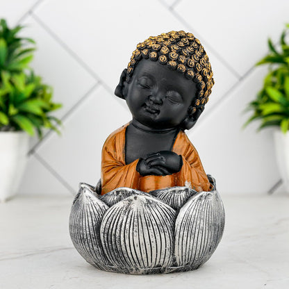 Laughing Buddha Baby Monk Idol Statue Showpiece Home Decor Items for Living Room and Gifts (Brown Black)
