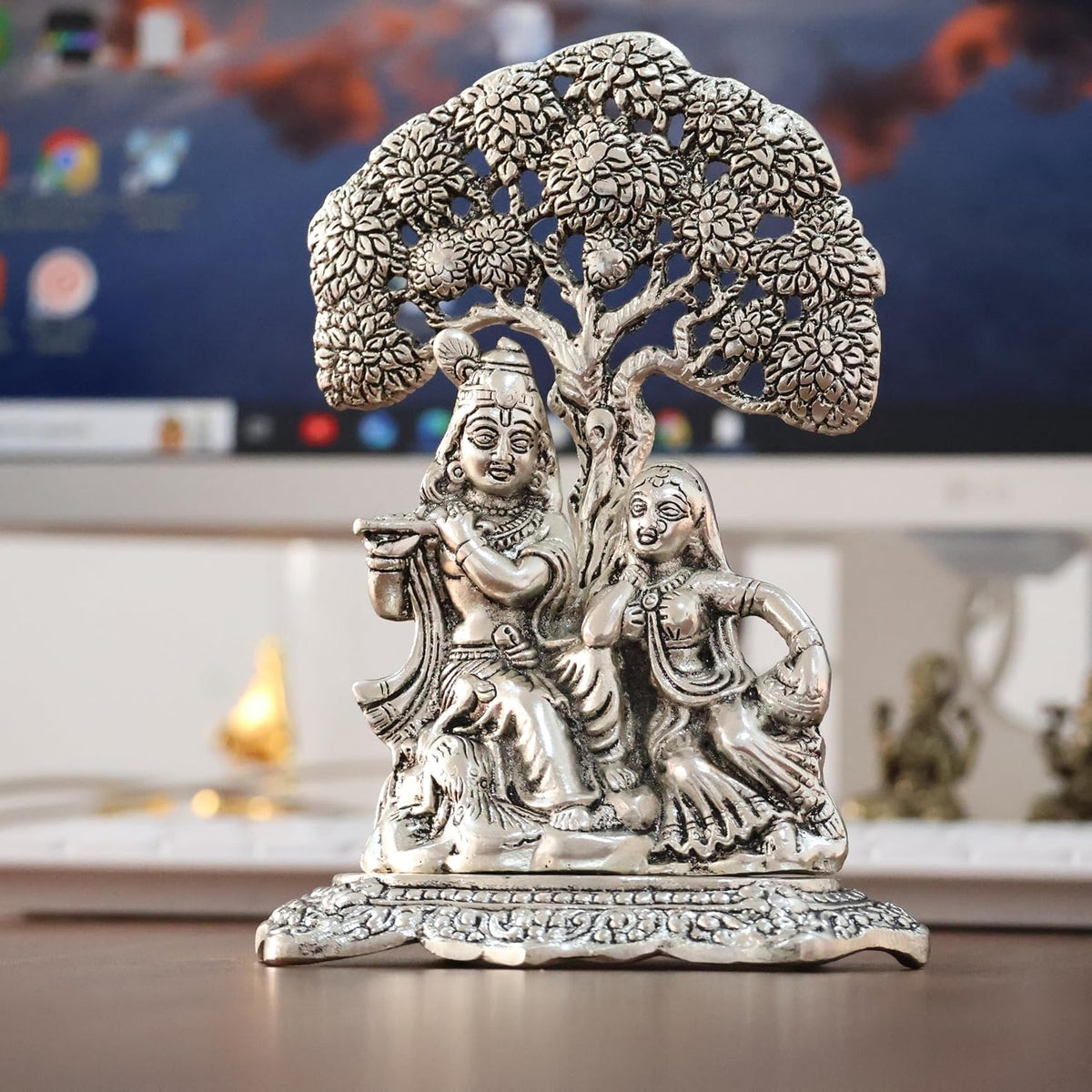 KridayKraft Metal Radha Krishna Idol with Under Tree Decorative Showpiece Statue for Puja Room Home Office Desk Gift Items Ornate Metal Sculpture of Hindu Deities, 18 cm Height Silver