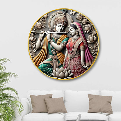 Radha Krishna Round Wall Art | 3D Embossed MDF Panel with Golden Rim | Divine Love Theme Home Decor | Traditional Spiritual Wall Frame for Living Room, Bedroom & Gift Purpose 16 Inch x 16 Inch